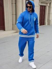 Manfinity Homme 2 件大码男士春秋休闲字母印花长袖连帽运动衫和运动裤套装 - 藍色 - 查看 6