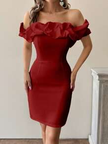 EURMUSE Vestido elegante con diseño de flor 3D, bajo con volantes, hombros descubiertos - Rojo - Ver 4