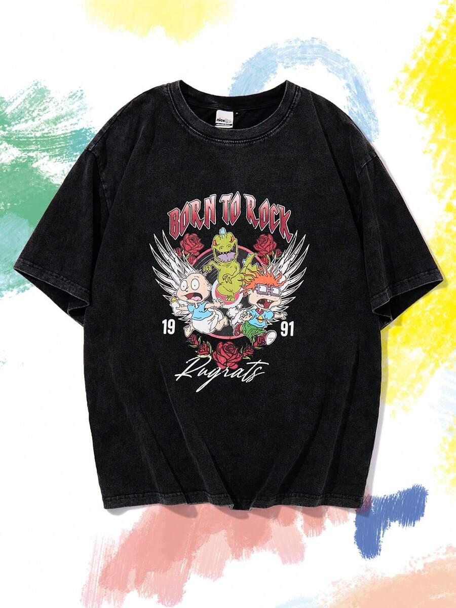 Nick 90s | SHEIN Men Casual Loose Knit Rugrats Rock Print Distressed Black Short Sleeve T-Shirt - Black - View 1