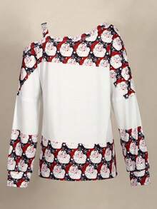 Santa Claus & Snowflake Print Asymmetrical Collar Casual T-Shirt, For Spring/Autumn - White - View 2