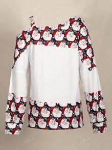 T-shirt décontracté à col asymétrique avec imprimé Père Noël et flocon de neige, pour le printemps/automne