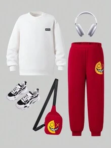 Conjunto de 2 peças de moletom branco casual para meninos adolescentes, calças com estampa vermelha e bolsa tiracolo