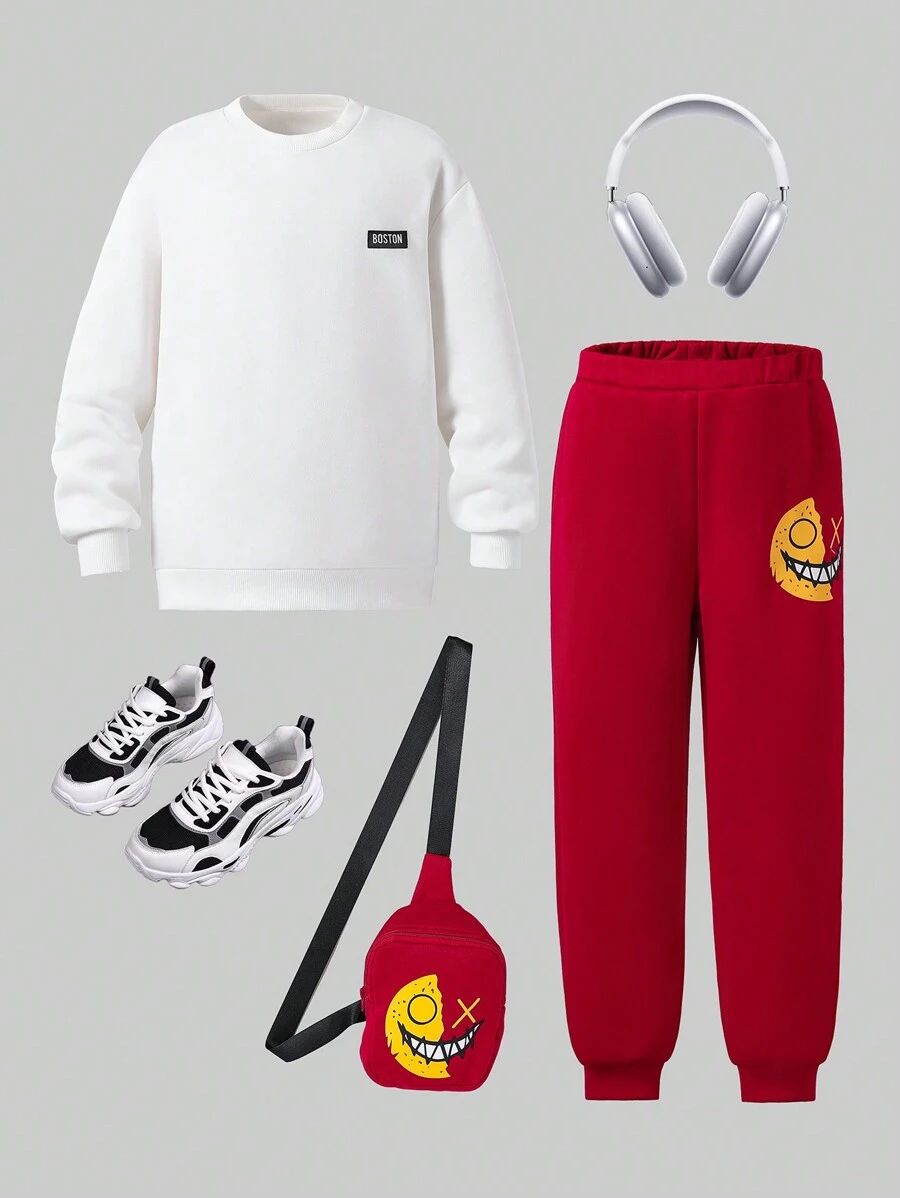 Conjunto de 2 peças de moletom branco casual para meninos adolescentes, calças com estampa vermelha e bolsa tiracolo