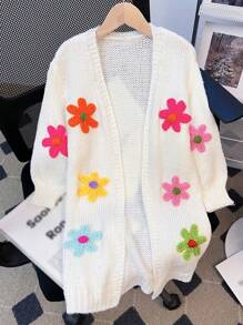 Young Girl Fall/Winter Clothes Young Girl Ditsy 3D Floral Loose Knit Cardigan Long Sweater,Autumn/Winter,Great For Casual & Daily Wear & School .Christmas Gifts