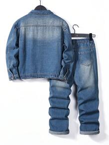 SHEIN 2 件套复古洗水男孩牛仔夹克 + 直筒牛仔裤，青少年服装 - 深色水洗藍 - 查看 2