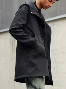Manfinity Hypemode 男式休闲拉链落肩宽松连帽风衣 - 黑色 - 查看 6