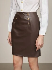 BizChic Váy da đi làm thanh lịch cho nữ mùa thu trang phục da - Cà phê nâu - Xem 2