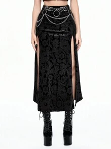 ROMWE Gothic High-Slit Flocked Embossed Women's Skirt With Detachable Metal Chain Belt - Black - View 1