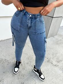 Quần jean denim bó co giãn thường ngày cỡ lớn, màu xanh lam - Màu xanh lam - Xem 3