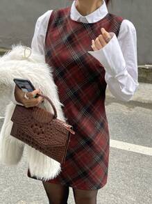 DAZY 女士格子圆领无袖套头连衣裙，校园风格，适合圣诞节、农历新年、春季、夏季、秋季