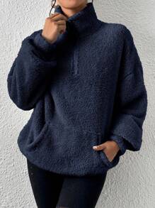 SHEIN Frenchy Schlicht-Frontreißverschluss Langarm Basis Kapuzenpullover, Lässiger Alltagsvertrag, Langarm Oberteile - marineblau - Übersicht 6