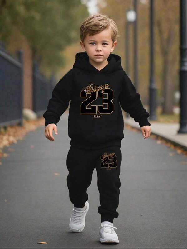 2pcs Young Boy Casual Comfortable Stylish Digit & Letter Hooded Sweatshirt And Sweatpants Set