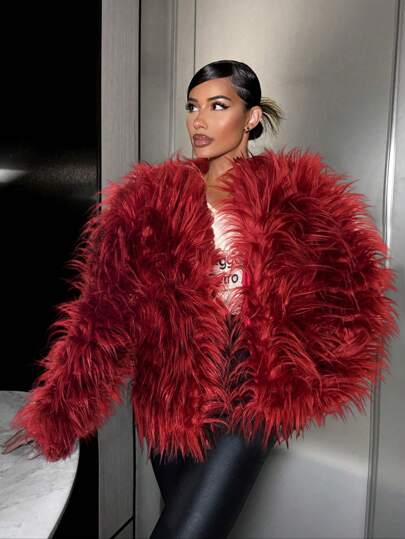 SHEIN SXY Solid Color Luxurious Long Sleeve Fluffy Coat For Winter