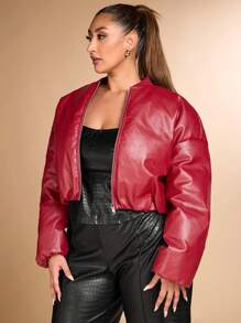 SHEIN BAE Plus Size Fall 1pc Elegant Street Motorcycle Women Burgundy Pu Leather Zipper Warm Short Winter Coat Halloween Go Out Music Festival - Burgundy - View 4