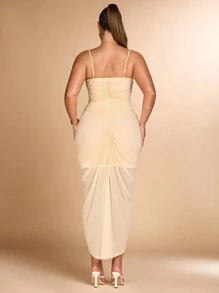 SHEIN BAE Plus Size Women Wrap Ruched Bust Elegant Dress With Flounces - Apricot - View 2