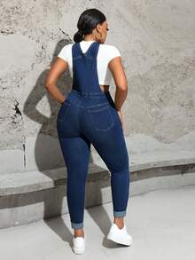 SHEIN EZwear 大码牛仔连身裤休闲紧身弹力背带裤，蓝色 - 藍色 - 查看 2