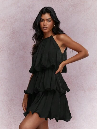 MISSGUIDED Music Festival Tiered Ruffle Halter Neck Mini Dress,XS