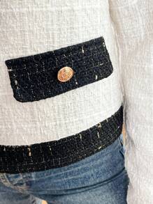 SHEIN Clasi 女士优雅撞色饰边金色纽扣前襟夹克 - 黑與白 - 查看 7