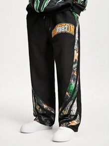 ROMWE MEN ROMWE Avant Men's Letter Camo Print Drawstring Waist Casual Pants, Suitable For Spring And Summer - Black - View 4