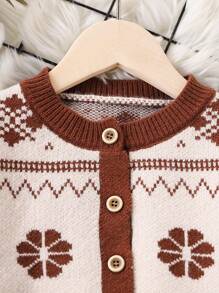 SHEIN Young Girl Patterned Knitted Jacket And Skirt Set, Suitable For Daily Wear And Outings - Coffee Brown - View 5