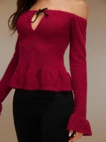 SHEIN Unity Bluză la modă pentru femei, cu mâneci lungi, cu umăr dezactivat, cu mânecă lungă, cu volană, primăvară/toamnă, ținute de Crăciun, top peplum, topuri roșii pentru femei, pulover cu umăr dezactivat