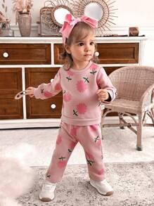 SHEIN 2pcs Baby Girls' Floral Print Pink Top And Pants Set, Fall/Winter - Pink - View 7