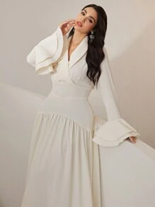 Modelyn Đầm dài thanh lịch cho nữ có tay loe và cổ, Đầm dạ hội dài mùa xuân và mùa thu - trắng - Xem 7