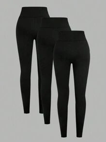 SHEIN Girlism Conjunto Minimalista Confortável de 3 Peças com Cintura Alta para Meninas Adolescentes, Leggings Elásticas de Cor Sólida