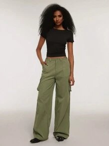 Forever 21 Fall&Winter Women Green Baggy Low Rise Solid Color Cargo Style Pants - Army Green - View 7