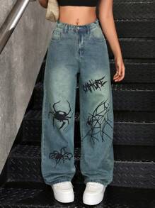 SHEIN Teen Girls Y2k Blue Denim Vintage Wash Retro Spider Web Print Relaxed Fit Wide Leg Blue Jeans, Halloween Denim Pants , Girl Fall And Winter Clothes - Medium Wash - View 8