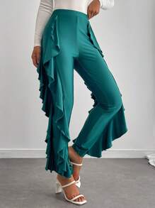 Chiquease Elegant Solid Color Flounced High Sheen Pants