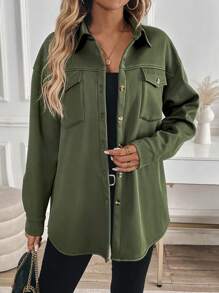 SHEIN LUNE Women's Regular Jacket With Shirt Collar, Long Sleeves, Single Breasted, Slit, Welt Pockets, In Autumn/Winter Compound Fabric - Army Green - View 5