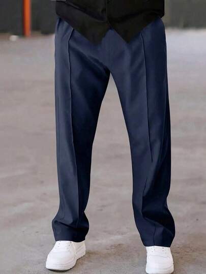 SHEIN Tween 男童休闲纯色抽绳腰褶饰裤，适合秋季、春季、冬季、户外玩耍、学校、街拍、聚会、居家休闲，性价比高