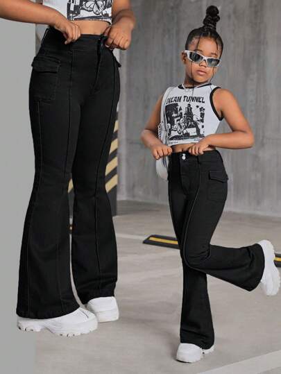 SHEIN Tween Girl Y2K Mode Retrostil Flikdetalj Sömdetaljer Denim Flare Ben Jeans Byxor, Flickor Höstkläder Back To School Outfits