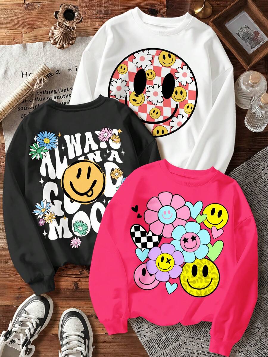 SHEIN Leap Crew 3 件套 Tween 女童休闲宽松羊毛运动衫，带笑脸、字母印花、圆领、宽松版型 - 秋冬款，白色、粉色、黑色 - 彩色 - 查看 1