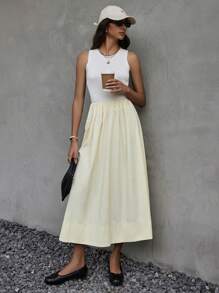 SHEIN Frenchy Chân váy chữ A tối giản màu trơn cho nữ, mặc thường ngày - Màu be - Xem 9