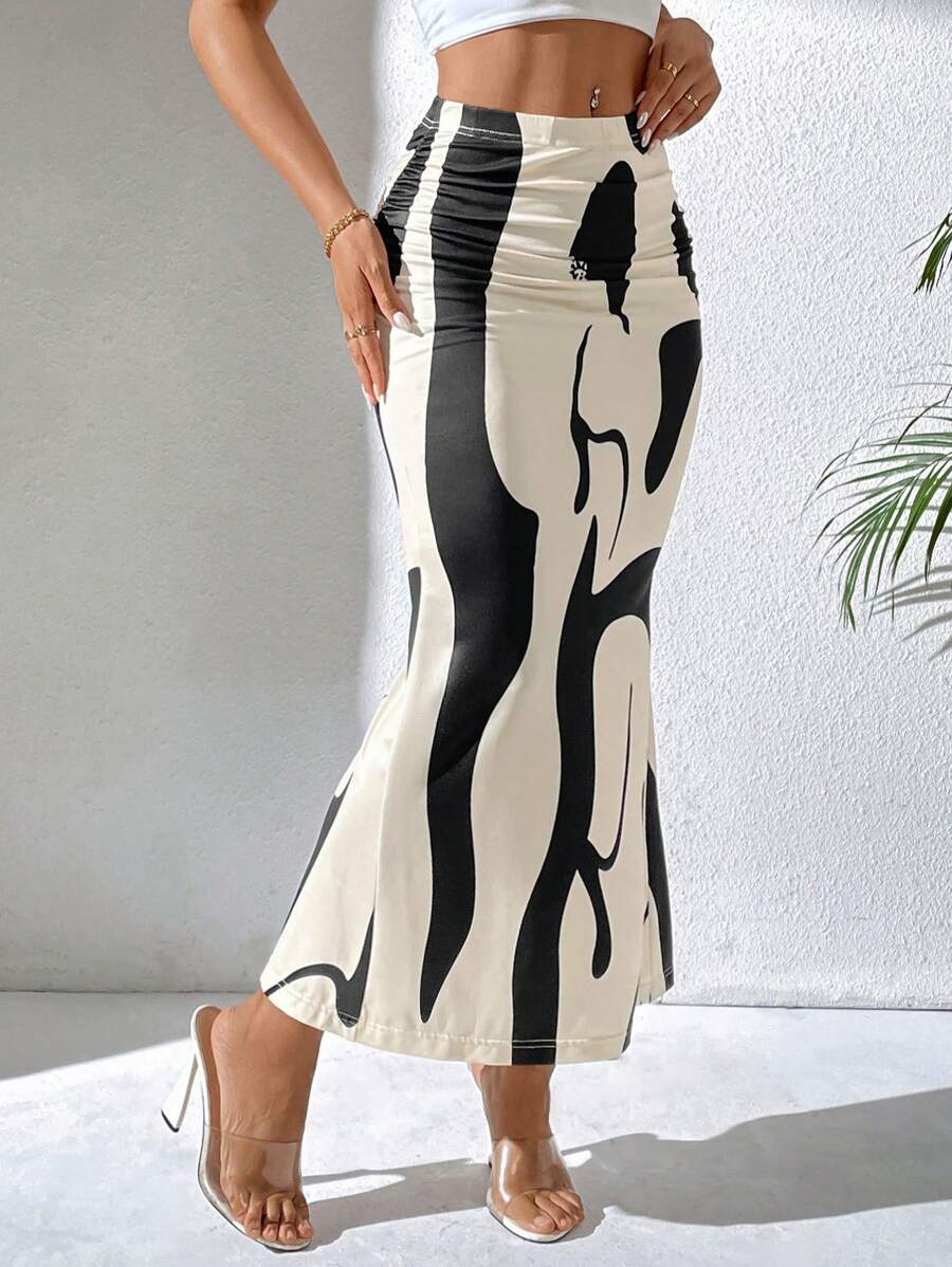 SHEIN PETITE Falda elegante con estampado geométrico y volantes en el bajo con efecto de cola de sirena para mujer - Albaricoque - Ver 1