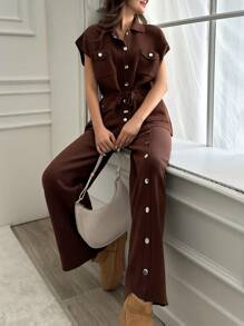 EURMUSE 2 Pcs Zipper Detail Sweater Pant - Brown - View 3