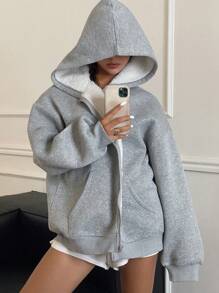 DAZY Women's Loose Fit Thermal Lined Hoodie Sweatshirt Jacket Zip Up - Light Grey - View 7