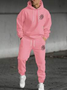 Manfinity EMRG 2pcs Men's Casual Slogan Print Hoodie Sweatshirt And Sweatpants Tracksuits, Autumn Winter, Men Pink Co Ords, Pink Men Outfit, Men Hoodie And Pants Set