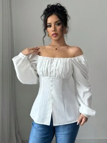 Chiquease New Arrival French Style Square Collar Pleated Keyhole Front Slit Blouse - White - View 4