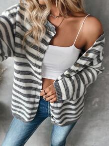 Chiquease Cárdigan informal y holgado con botones y estampado de rayas para mujeres