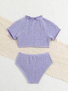 Young Girl Summer Beach Halter Crop Top & Triangle Bikini Set - Mauve Purple - View 2