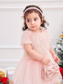 SHEIN 2pcs Baby Girl Cute Pink Fringe Short Sleeve Top And Tulle Skirt Set, Autumn/Winter