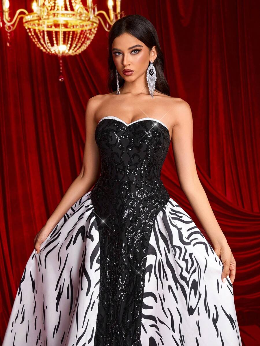 SHEIN Belle Váy dài chữ A in họa tiết ombre bằng vải satin chắp vá màu đen và trắng thanh lịch, phong cách cung điện cho tiệc, đám cưới, vũ hội, váy sự kiện cưới, váy dạ hội trang trọng, cho khách dự tiệc cưới, tốt nghiệp, tiệc tối - Đen và trắng - Xem 1