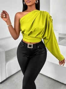 SOLERSUN Blouse plissée à une épaule avec manches longues pour femmes, hauts à manches longues - Vert - Voir 5