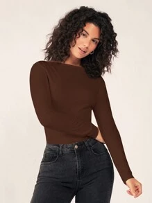 Tseoso Women's Solid Color Crew Neck Long Sleeve Casual T-Shirt, Spring/Summer - Brown - View 2