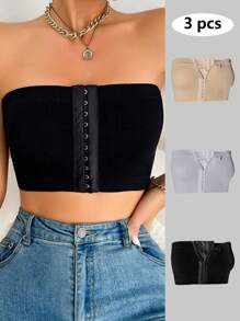 Women's Strapless Knitted Fabric Plain Casual Bra 3 Packs Built In - Multicolor - View 6