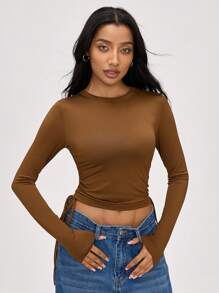 SHEIN BASICS 2 件装休闲纯色针织圆领长袖 T 恤，带侧边抽绳，女款 - 彩色 - 查看 4