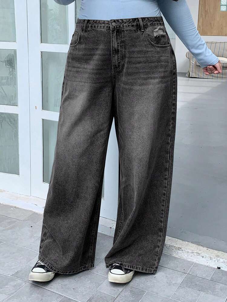Dazy Plus Plus Size Women's Distressed Washed Wide Leg Boyfriend Jeans,Baggy Jeans